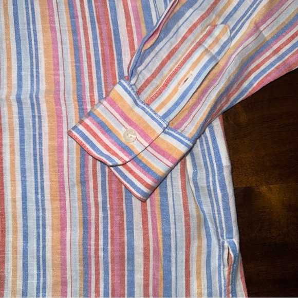 Old Navy Linen Blend Boyfriend Shirt L/S Button Up Pink Blue Stripe Womens XS - Picture 3 of 9